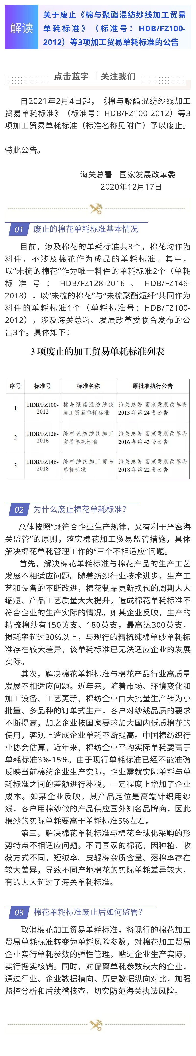 解读  关于废止《棉与聚酯混纺纱线加工贸易单耗标准》等3项加工贸易单耗标准的公告