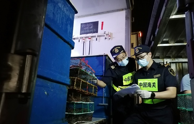 图为：海关关员对供港水产品进行监装+曾魏摄